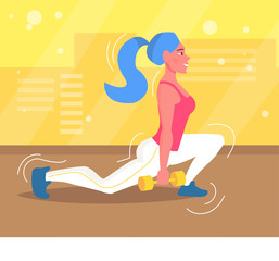 Girl is engaged with dumbbells in the gym. Brunette, sport, flat