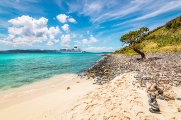 White Bay, Jost Van Dyke Island, British Virgin Islands. Cruise ship in the background.