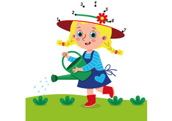 Connect the little gardener’s hat. Vector illustration for children. 