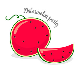 Juicy and cartoon watermelon with handwriting. Vector and bright watermelon isolate on white background