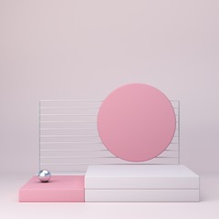 3d rendering illustration. Abstract podium with silver, pink and white shapes . Geometric shapes in modern minimal design. Minimalistic mock up for promotion, cosmetic background, product show.