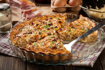 Homemade quiche lorraine with bacon and cheese