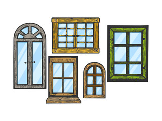 House wooden old windows color sketch engraving vector illustration. Scratch board style imitation. Black and white hand drawn image.