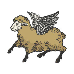 Angel flying sheep color sketch engraving vector illustration. Scratch board style imitation. Black and white hand drawn image.