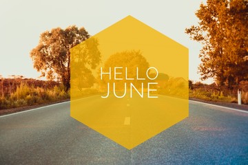 Banner hello june. Text on the photo. Text hello June. New month. New season. Summer month. Text on sunset photo. © alenka2194