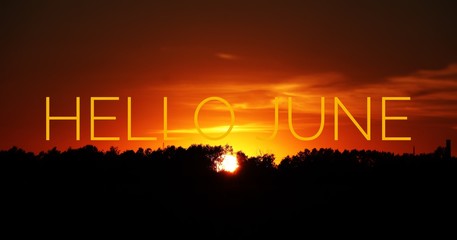 Banner hello june. Text on the photo. Text hello June. New month. New season. Summer month. Text on sunset photo.