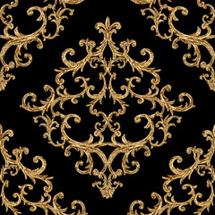 Baroque golden elements ornamental seamless pattern. Watercolor hand drawn gold element texture on black background.