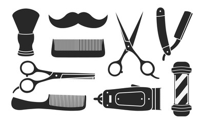 Set of 9 barbershop icons isolated on white background. 9 Barbershop and haircuts salon design elements. Vector illustration - obrazy, fototapety, plakaty