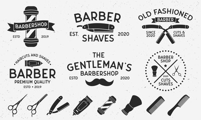 6 Vintage logo templates and 8 design elements for barber shop, haircut's salon. Barbershop, Barber, Haircut's salon emblems templates. Vector illustration