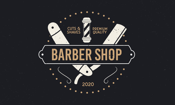 Vintage barbershop logo with frame and ornaments. Trendy retro design logo of barber shop with grunge texture. Barber pole and razor. Vector emblem template