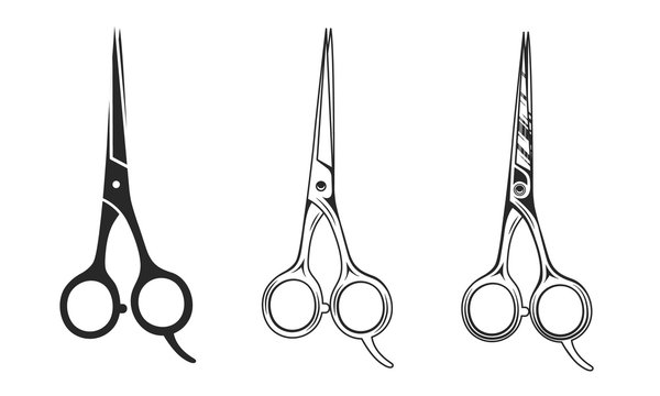 Vector Barber scissors isolated on white background. Hair scissors icons in 3 other styles.