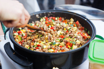 Close up of a tortillas filling in the pan