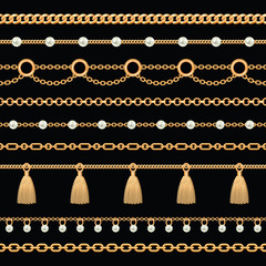 Set collection of golden metallic chain borders with pearls and tassels. On black. Vector illustration