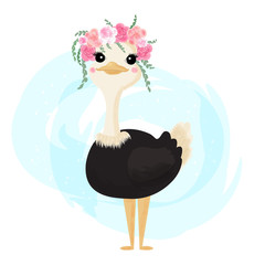 Cute ostrich. Ostrich in a flower wreath. Cartoon. For printing on clothes, postcards, covers. - 266533780