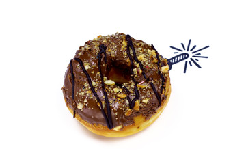 Sweet bomb. Donut with hand drawing bomb isolated on white background. Diet and calories concept.