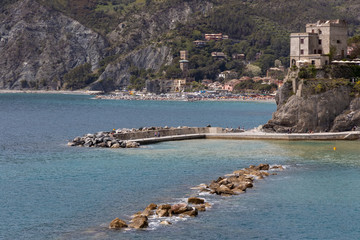 MONTEROSSO, LIGURIA/ITALY  - APRIL 22 : View of the coastline at Monterosso Liguria Italy on April 22, 2019. Unidentified people