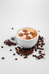 conceptual,cup of coffe americano ,with beans,isolated white background