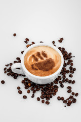 conceptual,cup of coffe americano ,with beans,isolated white background