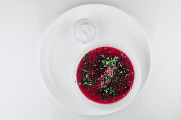  Russian vegetarian red soup.Top view. Borscht, borshch with beet