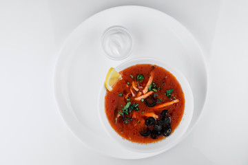  Russian vegetarian red soup.Top view. Borscht, borshch with beet