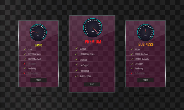 Trendy transparent price list and offer columns with glass effect.