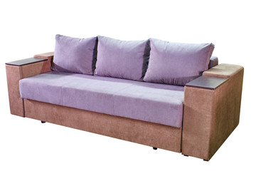 Naklejka premium modern large cozy two-tone fabric sofa with wooden lining and otkryvnymi armrests on a white background