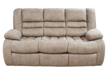 modern triple cozy beige fabric sofa on a white background