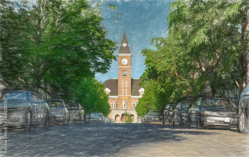 Wall mural Historic Washington County Courthouse building in Fayetteville Arkansas, college ave, street view traffic, sunny summer day view