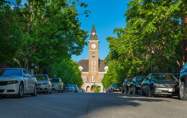 Historic Washington County Courthouse building in Fayetteville Arkansas, college ave, street view...