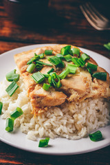 White rice with scrambled eggs with chicken and green onion