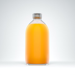 Big transparent glass bottle with metal cap filled by orange juice on the white background.