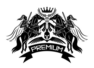 Premium sign with knights with swords riding horses on a white background.