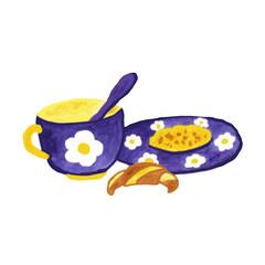 Breakfast croissant spoon plate cup violet yellow