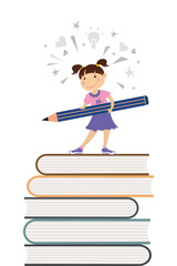 Cute caucasian kid girl with pencil standing on books,learning process