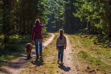 Woman, child and a dog walking on a gravel road in the forest