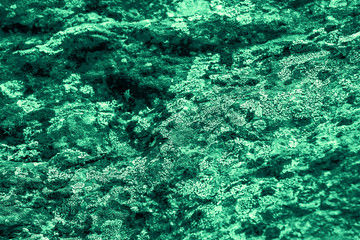 Vintage green background. Rough painted wall of emerald color. Imperfect plane of virid colored. Uneven old decorative toned backdrop of green tint. Texture of emerald hue. Ornamental stony surface.