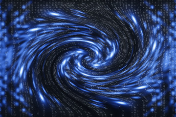 Blue matrix digital background. Distorted cyberspace concept. Characters fall down in wormhole....