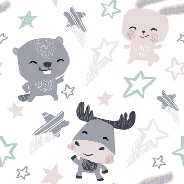 Bunny, beaver moose, baby dance seamless pattern. Sweet animals listen to music. Disco retro party.