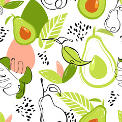 Modern seamless pattern with avocado fruits, leaves, monstera leaf and abstract elements. Creative floral collage. Vector texture for textile, wrapping paper, packaging etc. Vector.