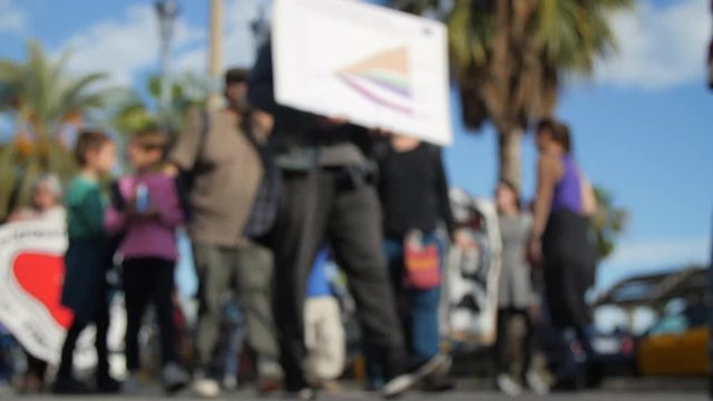 Defocused Activists on a Demonstration due to Climate Change. Barcelona 2018