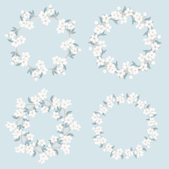 Set collection of floral frames. Chamomile and forget me-not-flowers round pattern on blue background.
