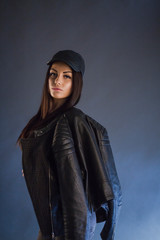 Studio Shot Stylish Brunette Woman Wearing Leather Cap Jacket Woman