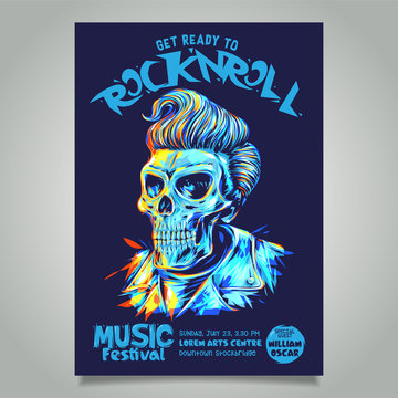 Rock n roll poster template with pompadour hairstyle skull head illustration.