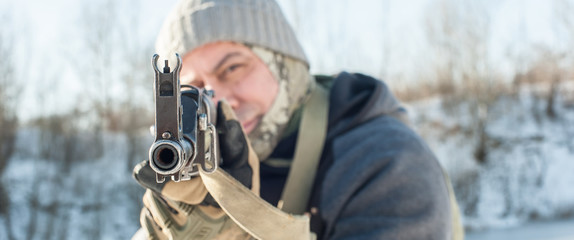 Kalashnikov rifle front view gun point. Direct machine gun close-up - obrazy, fototapety, plakaty