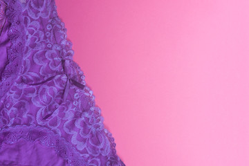 Women panties on pink. Violet women underwear on the pink background. Free space