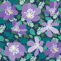 Fototapeta na wymiar Green leaves and violet flowers seamless pattern