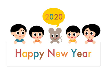 2020年子年の年賀状イラスト: 新年の挨拶と家族とネズミ