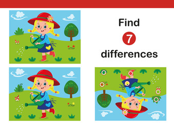 Find 7 differences education game for children, featuring a little gardener. Vector illustration. 