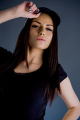 Closeup Studio Portrait Beauty Brunette Woman Black Clothes Black Cap