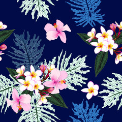 Seamless floral pattern green palm monstera leaves and pink color Hibiscus,Frangipani flowers on isolated  dark blue background.Vector illustration watercolor hand drawn doodle style.